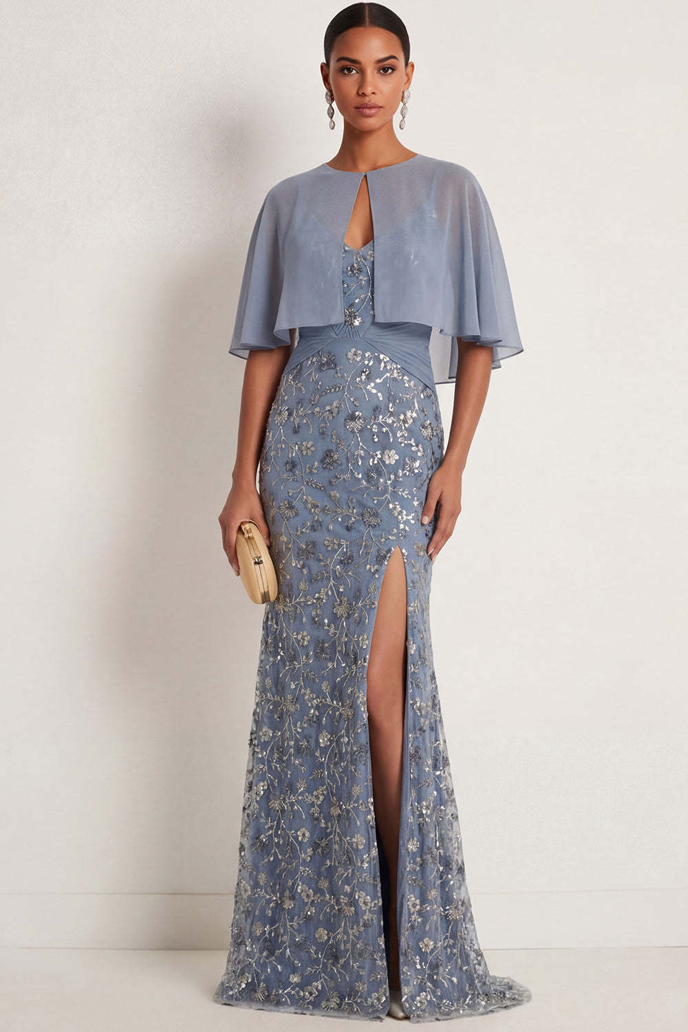 Leely Women Floral Twilight Mermaid Spaghetti Straps Ruched Long Formal Dress with Slit Backless Sleeveless Evening Dress with Cape