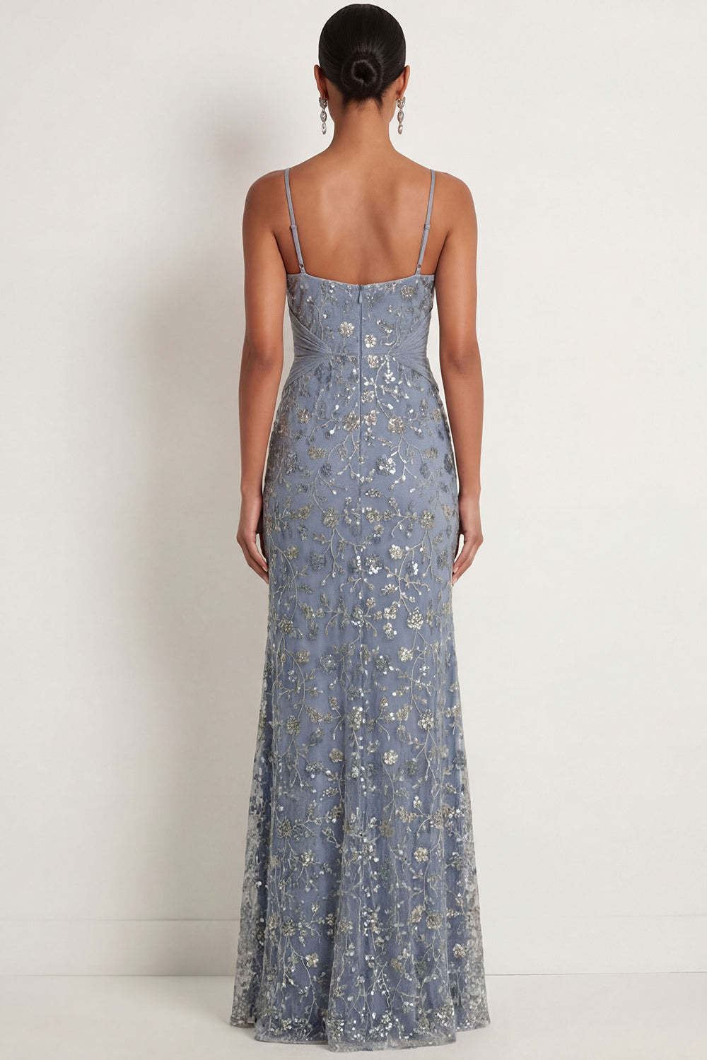 Floral Twilight Mermaid Spaghetti Straps Ruched Long Formal Dress with Slit