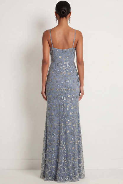 Floral Twilight Mermaid Spaghetti Straps Ruched Long Formal Dress with Slit