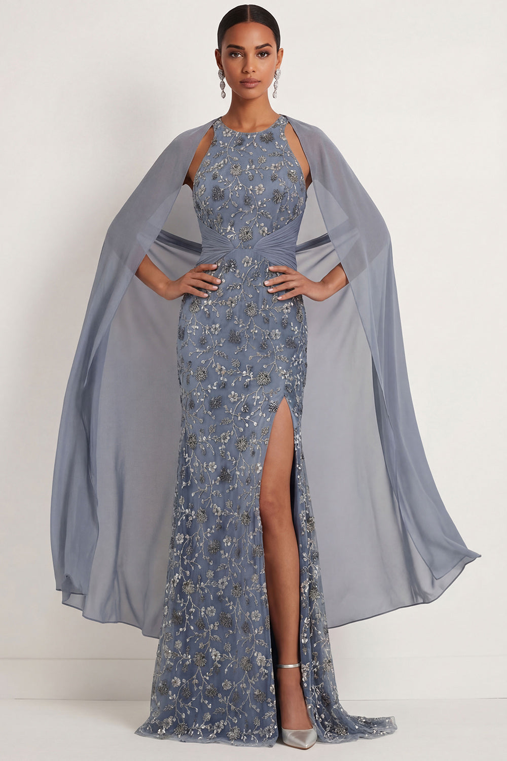 Floral Halter Neck Twilight Mermaid Ruched Long Formal Dress with Slit