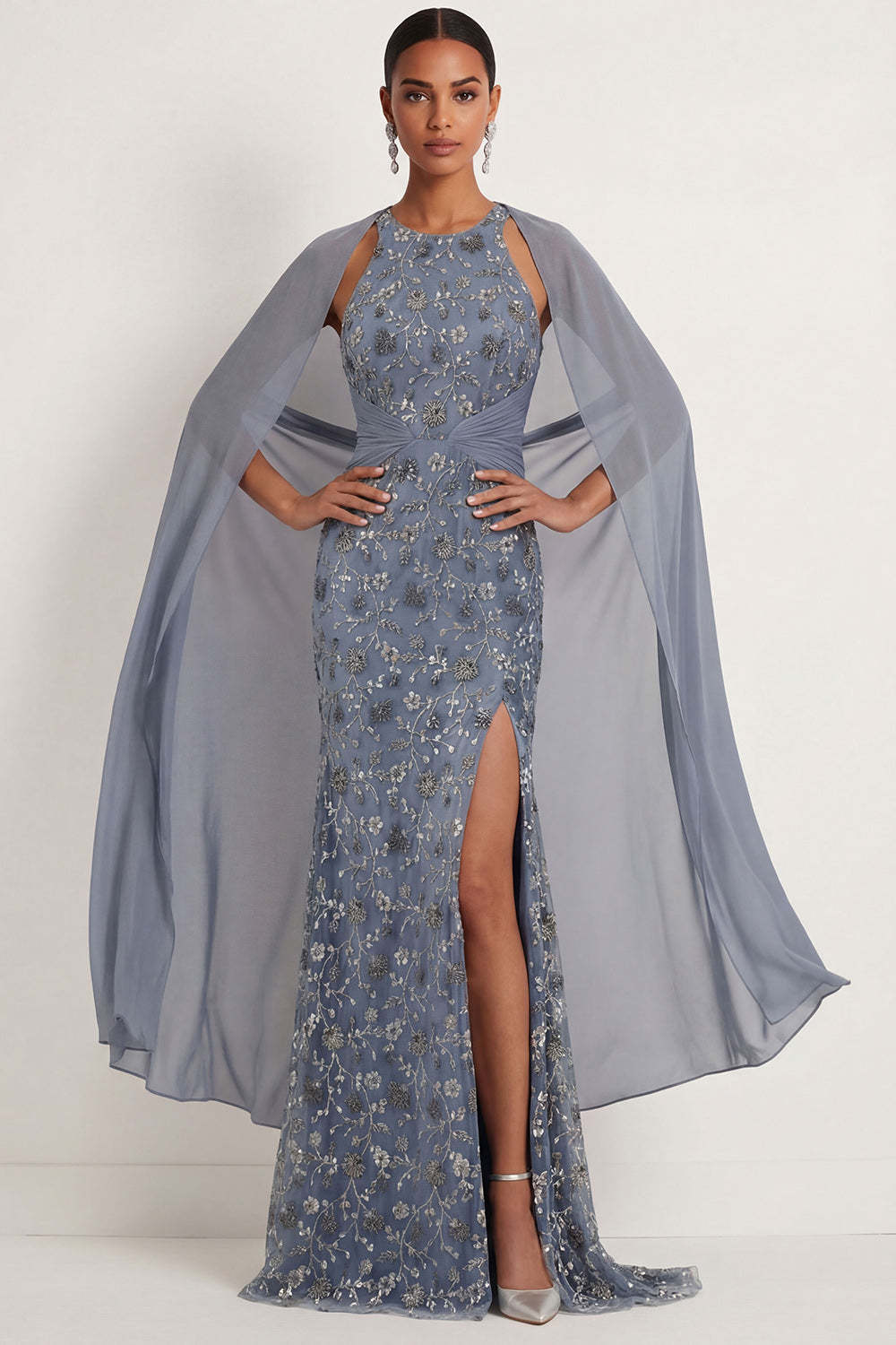 Leely Women Floral Twilight Mermaid Ruched Long Formal Dress with Slit Halter Neck Backless Sleeveless Evening Dress