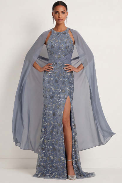 Leely Women Floral Twilight Mermaid Ruched Long Formal Dress with Slit Halter Neck Backless Sleeveless Evening Dress