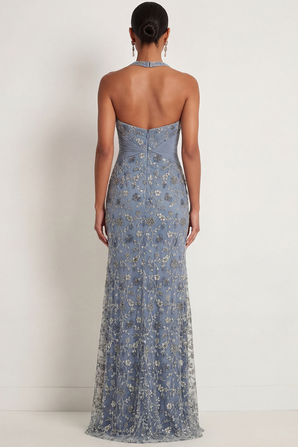 Twilight Floral Mermaid Halter Neck Ruched Long Formal Dress with Slit