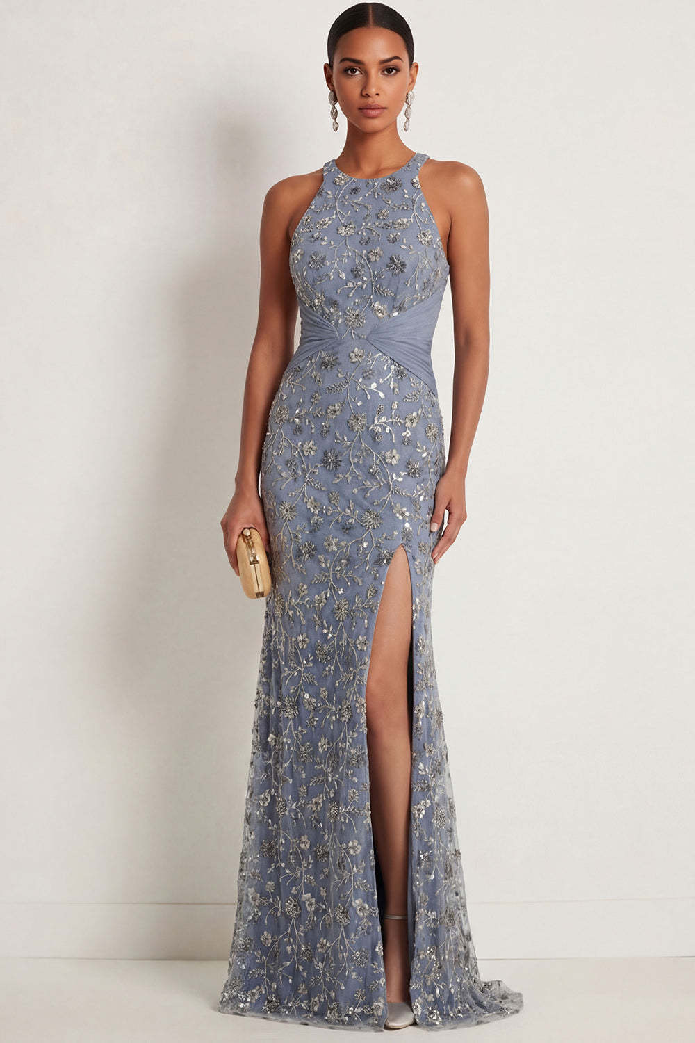 Leely Women Twilight Floral Mermaid Ruched Long Formal Dress with Slit Halter Neck Backless Sleeveless Evening Dress