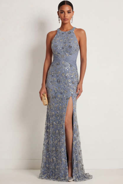 Leely Women Twilight Floral Mermaid Ruched Long Formal Dress with Slit Halter Neck Backless Sleeveless Evening Dress