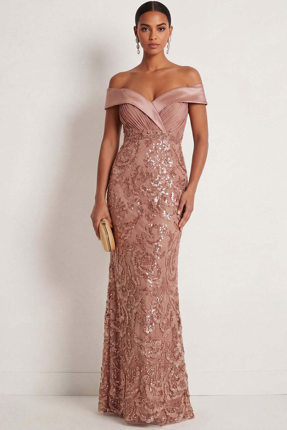 Leely Women Desert Rose Sparkly Sequined Mermaid Ruched Long Formal Dress Appliqued Off the Shoulder Backless Evening Dress