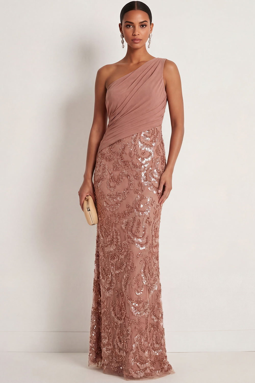 Sparkly Desert Rose Sequined Mermaid Ruched Long Formal Dress