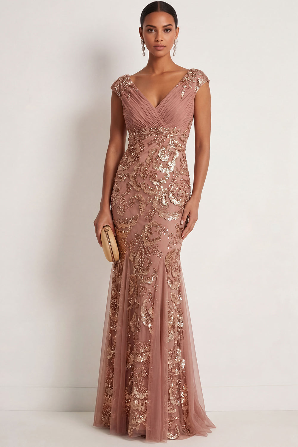 Leely Women Sparkly Sequined Desert Rose Appliqued Long Formal Dress V Neck Sleeveless Backless Wedding Guest Dress