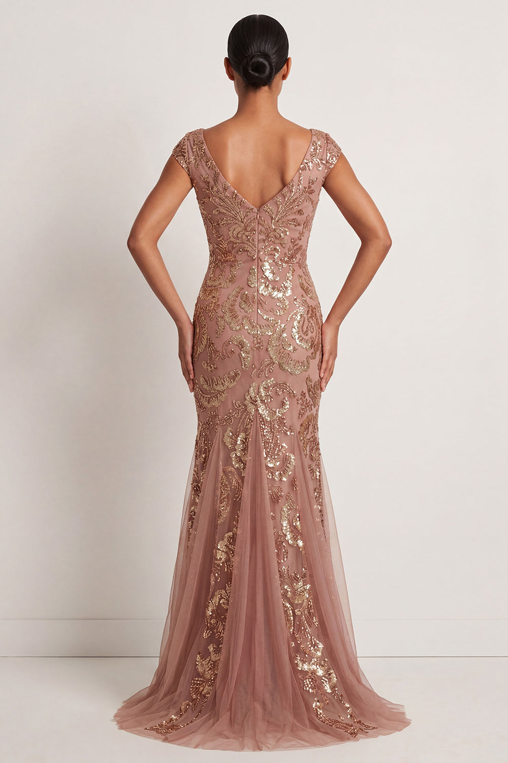Sparkly Sequined Desert Rose Appliqued V Neck Long Formal Dress