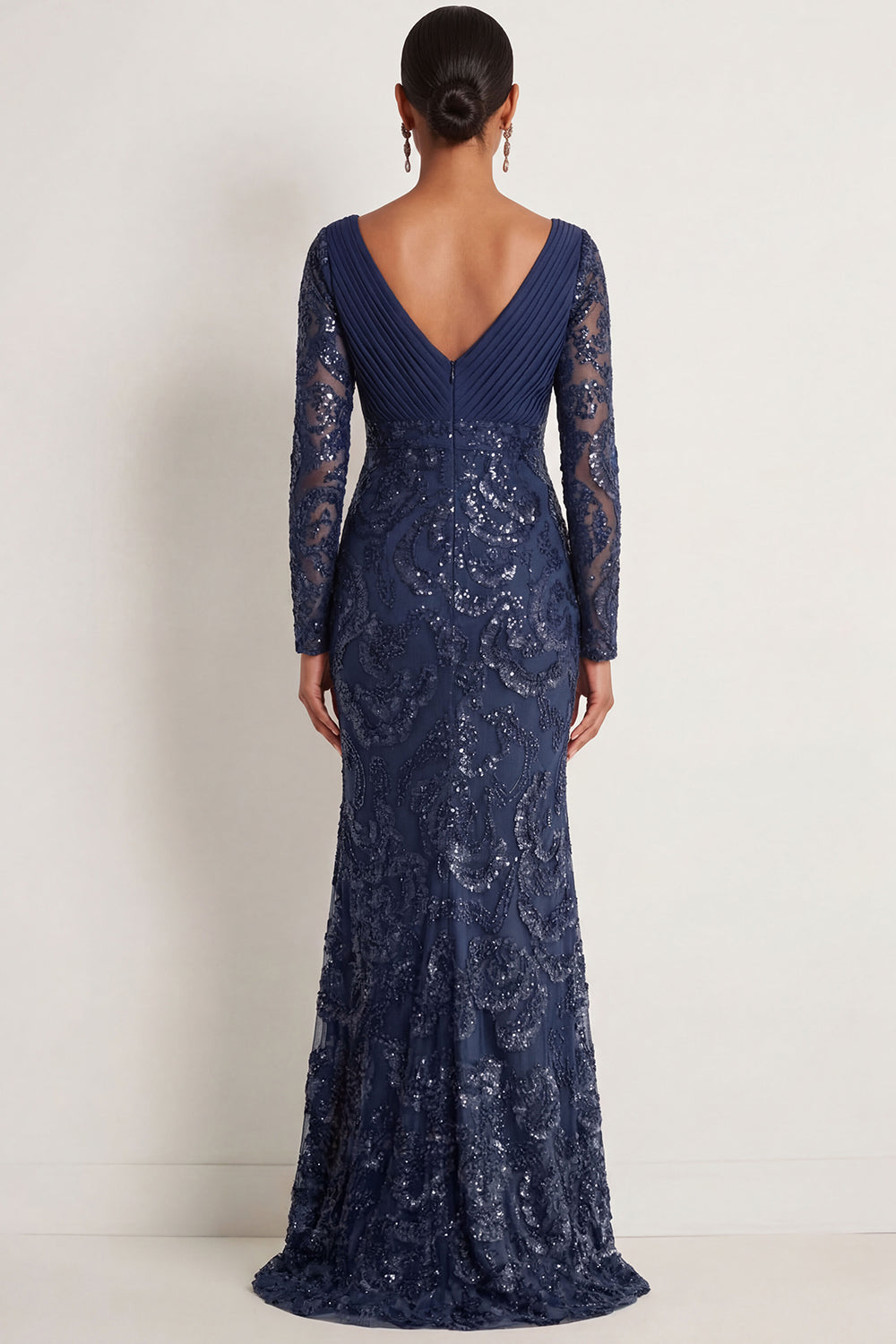 Sparkly Sequined Navy Appliqued V Neck Long Formal Dress