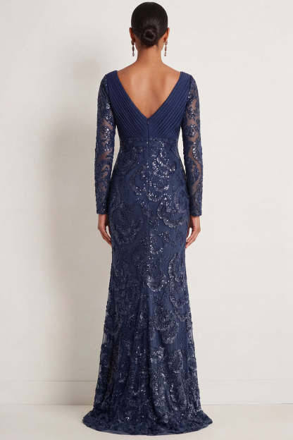 Sparkly Sequined Navy Appliqued V Neck Long Formal Dress