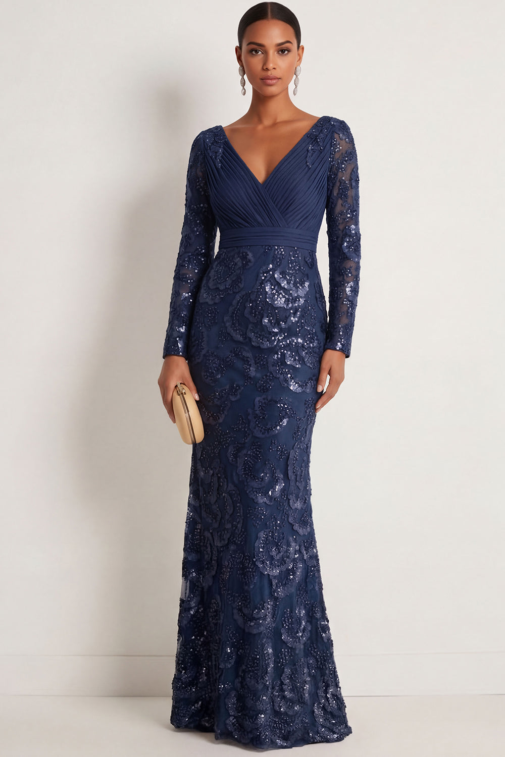 Sparkly Sequined Navy Appliqued V Neck Long Formal Dress
