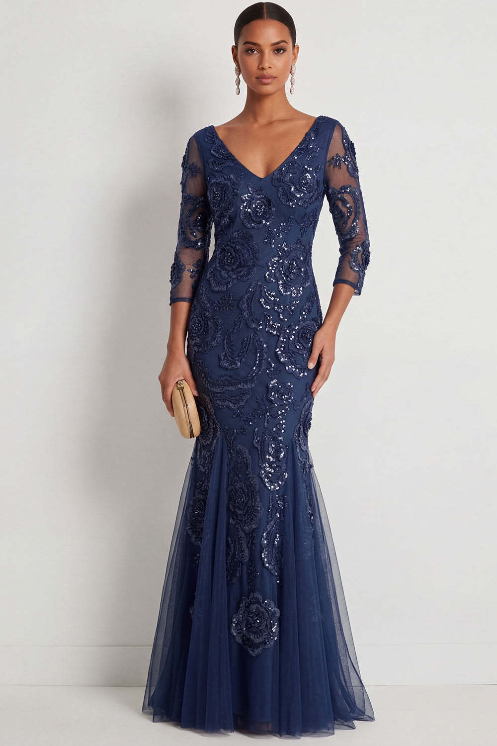 Leely Women Navy Sparkly Floral Sequined Long Formal Dress V Neck Appliqued Wedding Guest Dress