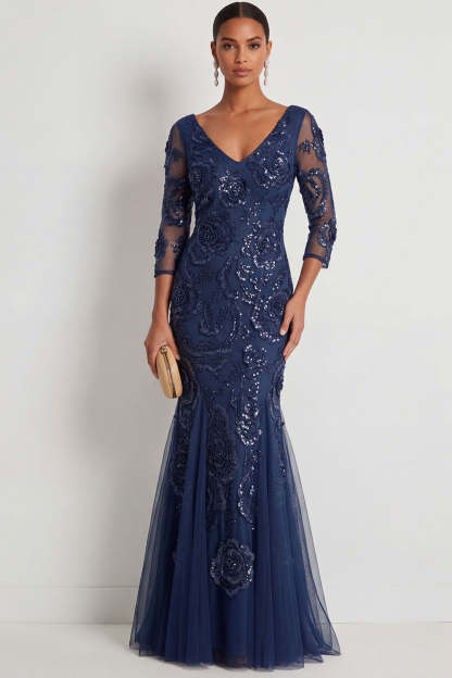 Leely Women Navy Sparkly Floral Sequined Long Formal Dress V Neck Appliqued Wedding Guest Dress