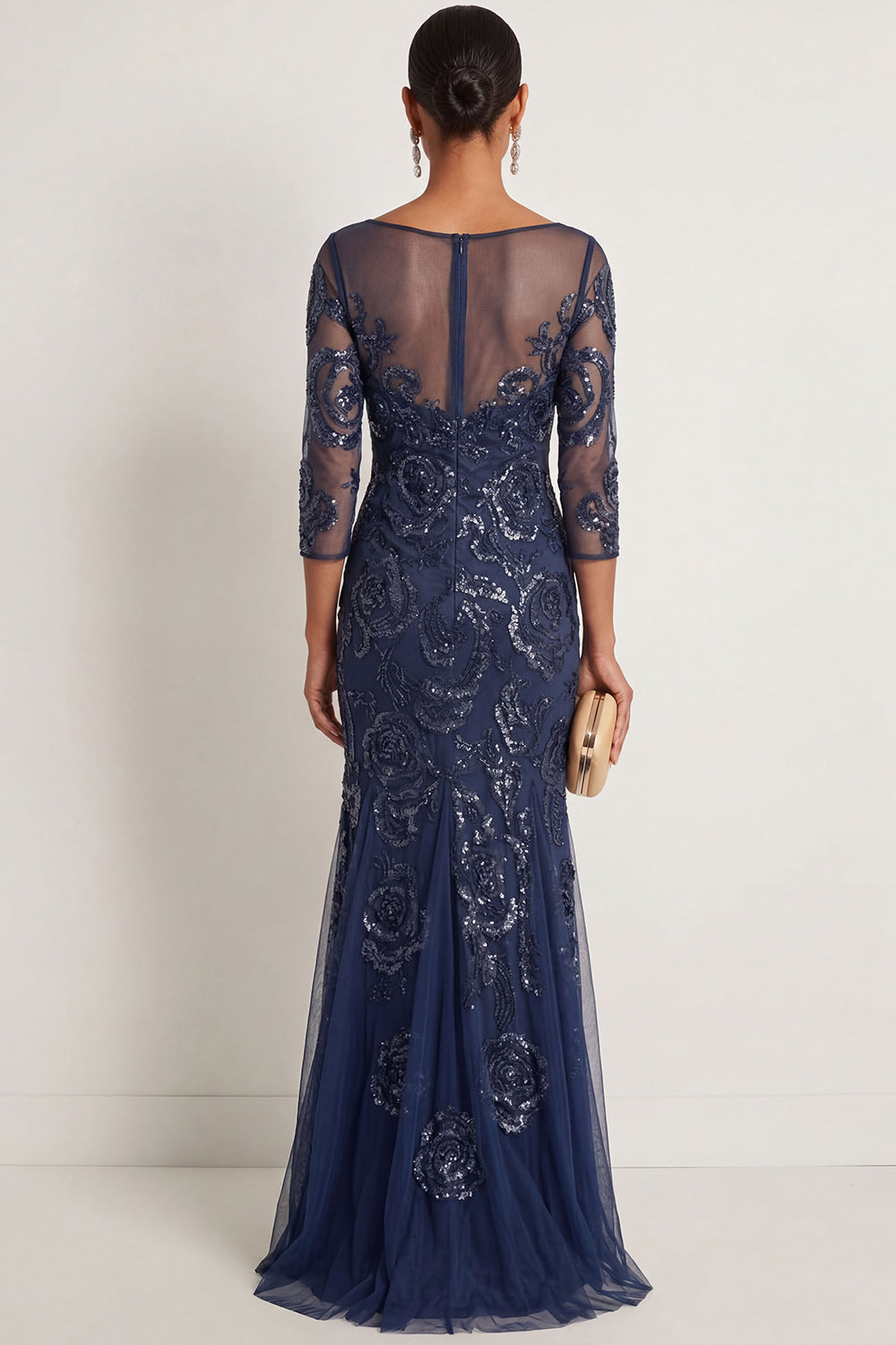 Floral Navy Sparkly Sequined V Neck Appliqued Long Formal Dress