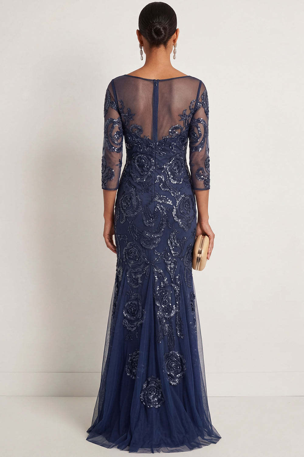 Floral Navy Sparkly Sequined V Neck Appliqued Long Formal Dress