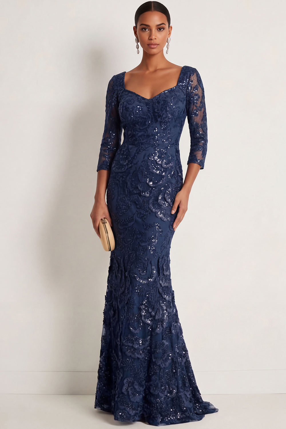 Floral Navy Sparkly Sequined Sweetheart Appliqued Long Formal Dress