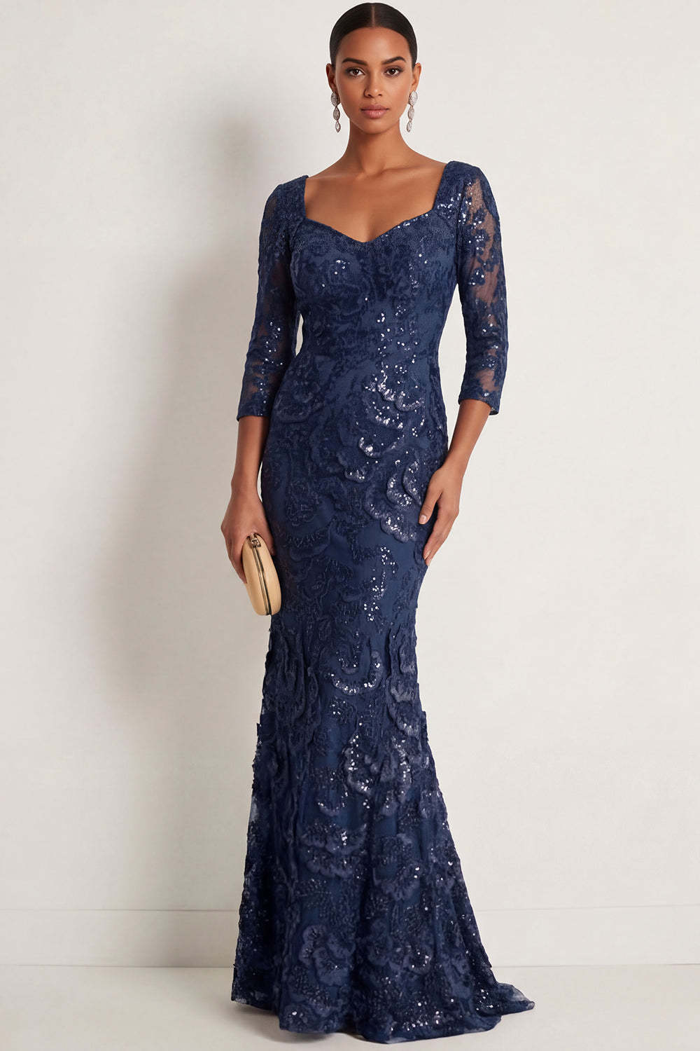 Leely Women Floral Navy Sparkly Sequined Sweetheart Long Formal Dress Appliqued Long Sleeves Evening Dress