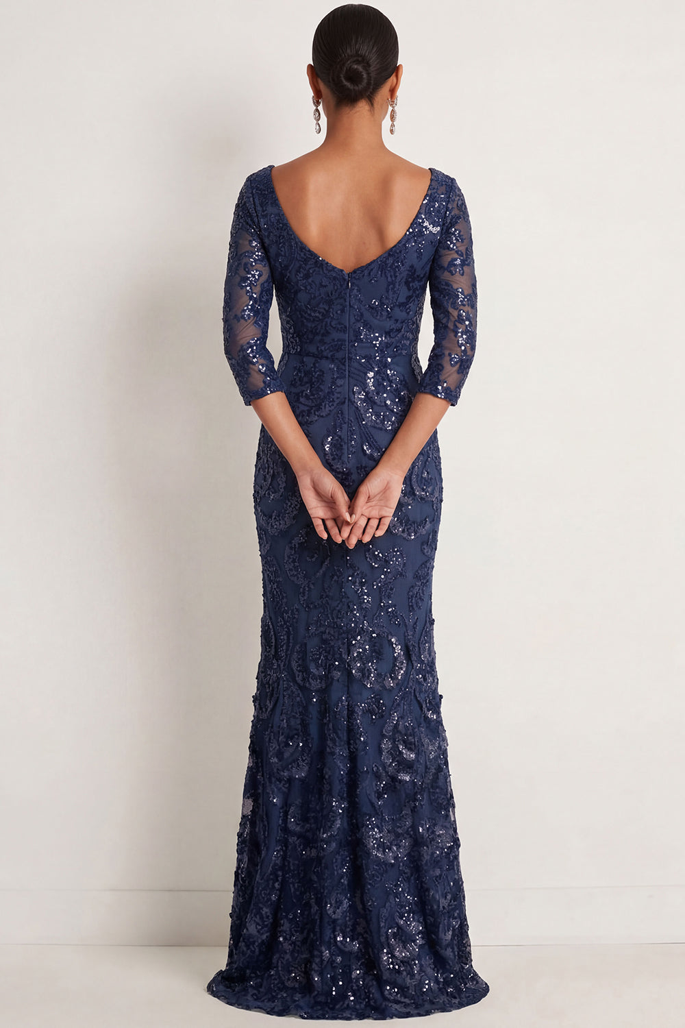 Floral Navy Sparkly Sequined Sweetheart Appliqued Long Formal Dress