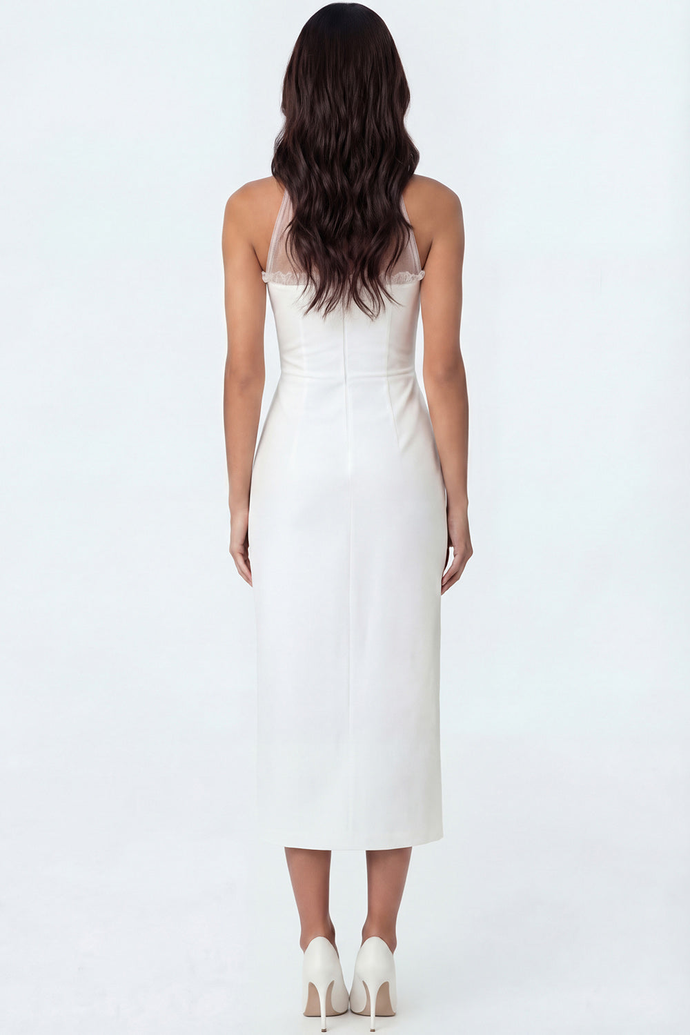 White Mermaid Halter Neck Satin Sleeveless Long Engagement Dress