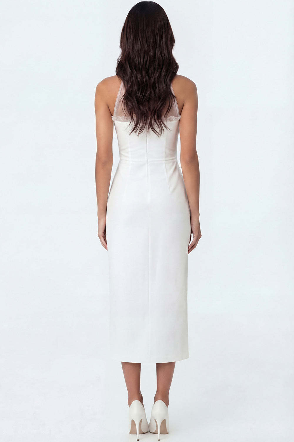 White Mermaid Halter Neck Satin Sleeveless Long Engagement Dress