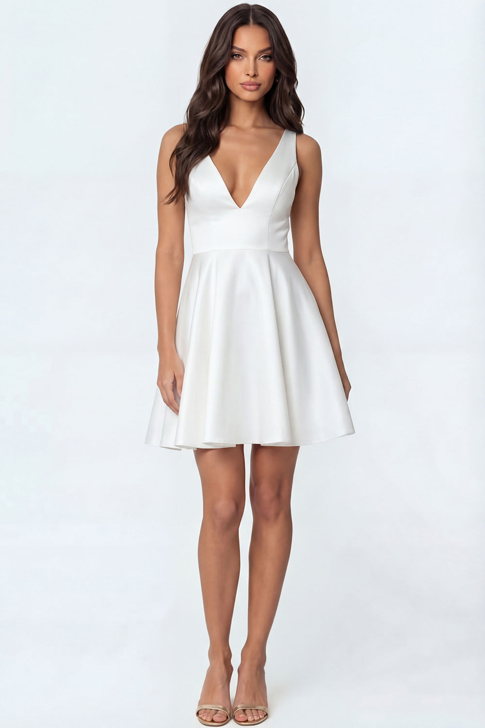 A Line Satin White Deep V Neck Short Engagement Dress