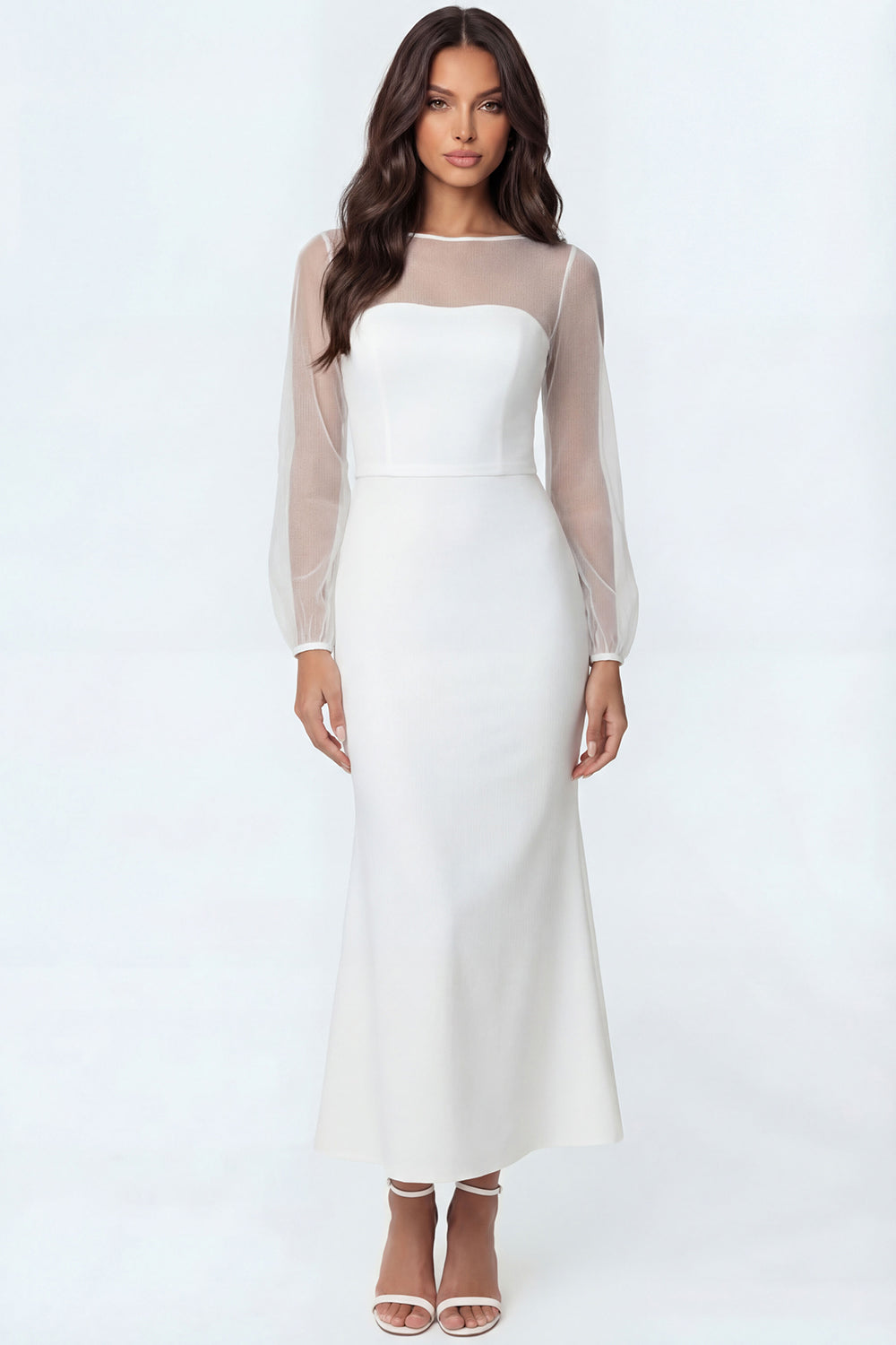 Leely Women White Mermaid Satin Long Bridal Shower Dress Illusion Neck Long Sleeves Engagement Dress