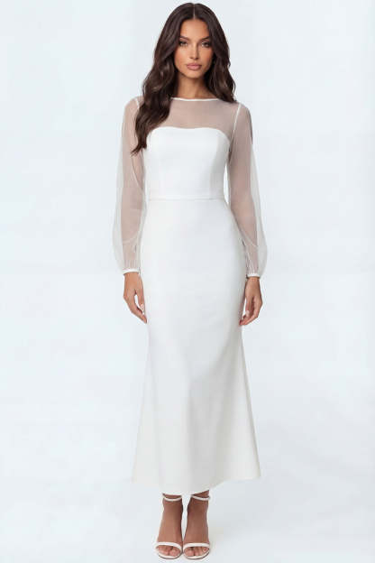 Leely Women White Mermaid Satin Long Bridal Shower Dress Illusion Neck Long Sleeves Engagement Dress