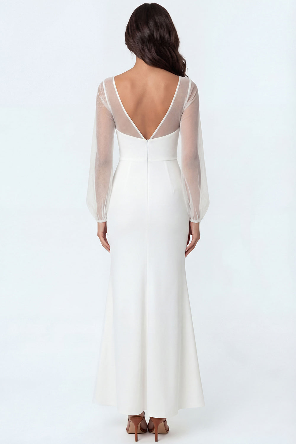 White Mermaid Illusion Neck Satin Long Bridal Shower Dress
