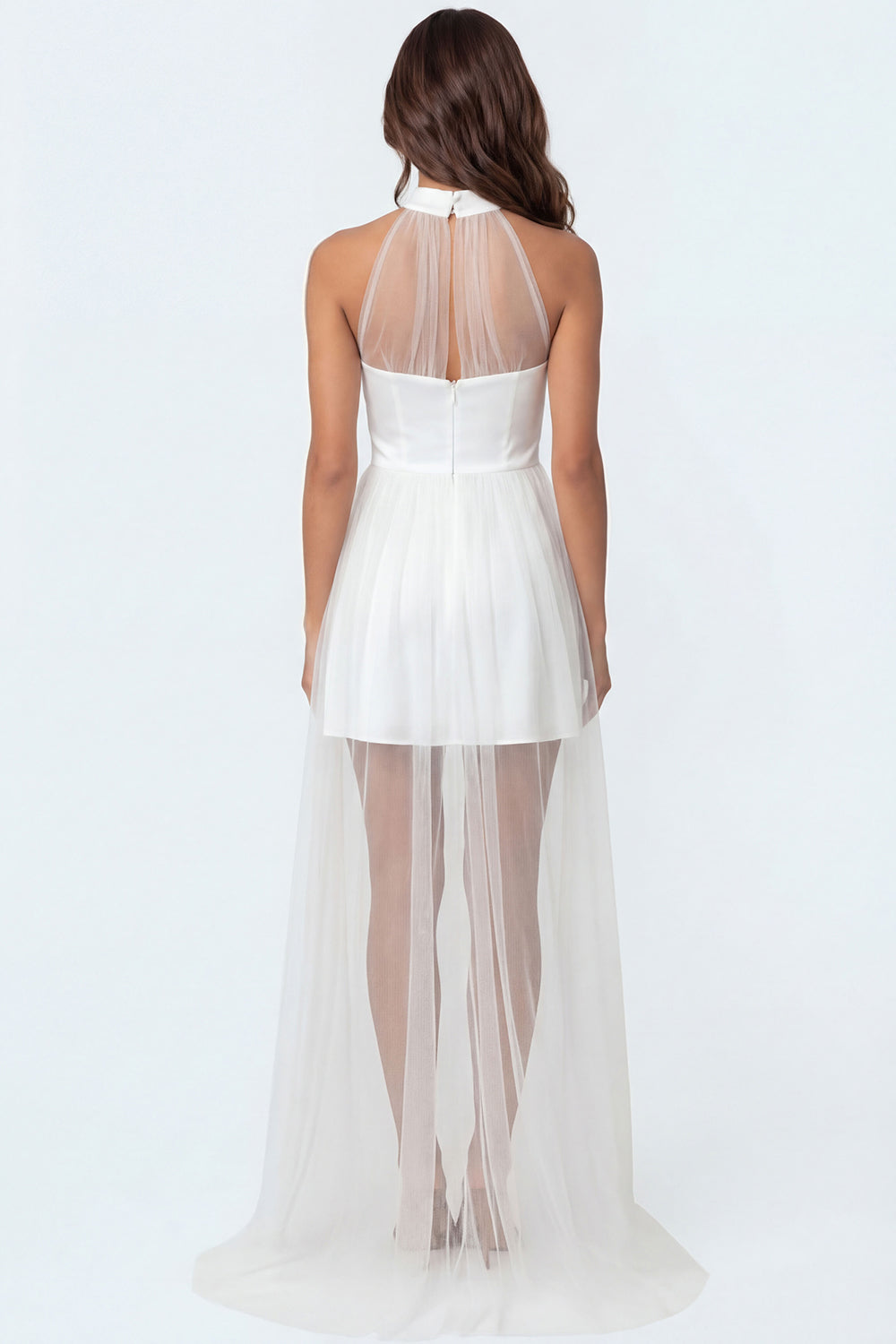 A Line Satin White Halter Neck Sleeveless Short Bridal Shower Dress with Cape