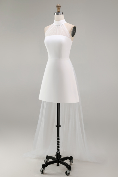 A Line Satin White Halter Neck Sleeveless Short Bridal Shower Dress with Cape