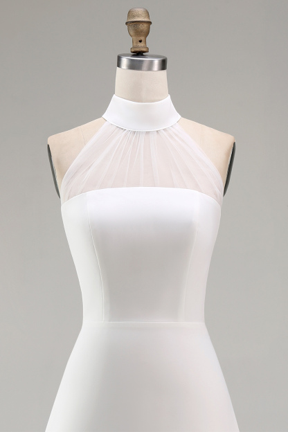 A Line Satin White Halter Neck Sleeveless Short Bridal Shower Dress with Cape