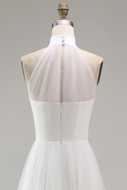 A Line Satin White Halter Neck Sleeveless Short Bridal Shower Dress with Cape