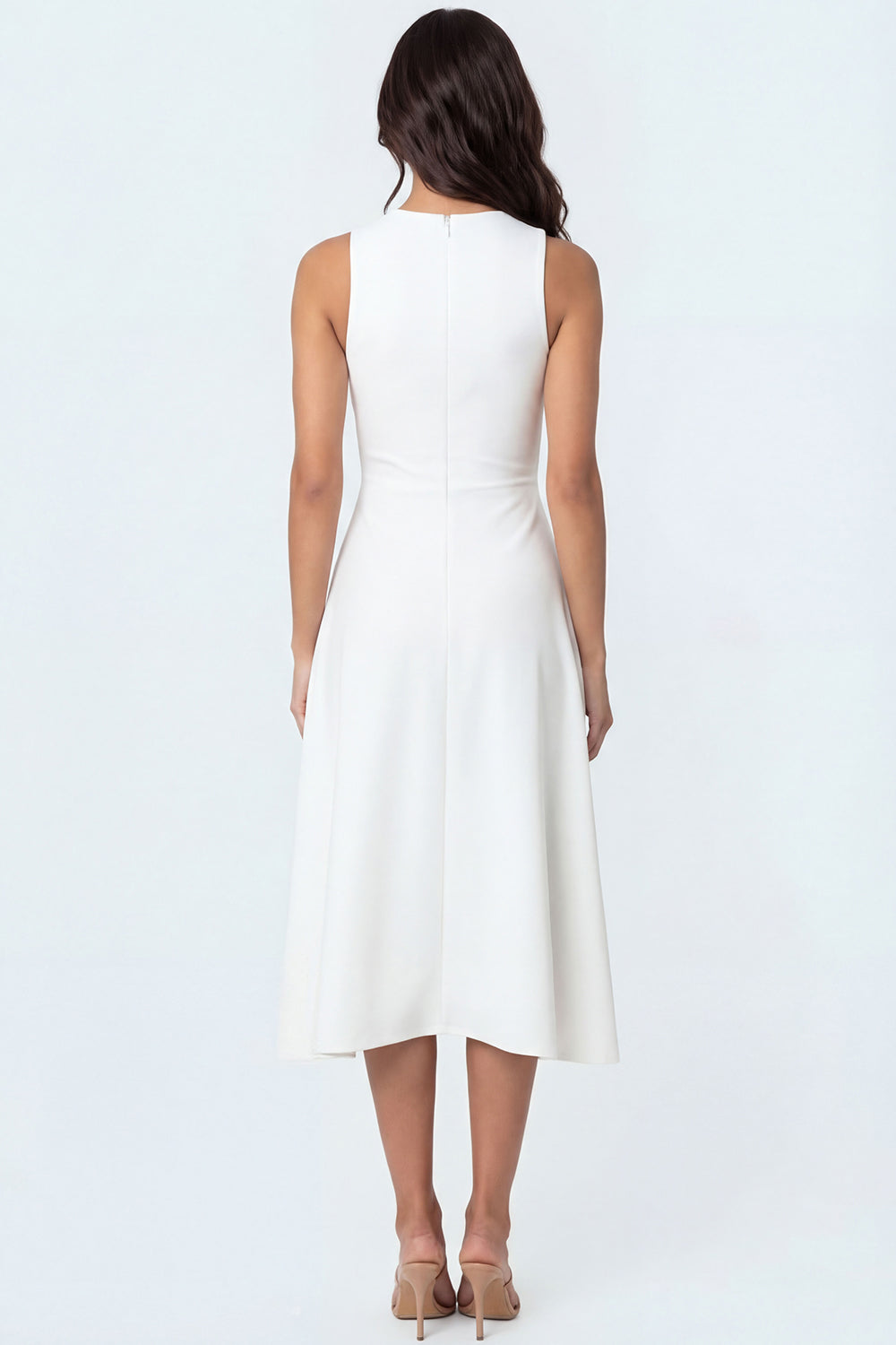 White Sheath Ruffled Round Neck Sleeveless Long Engagement Dress