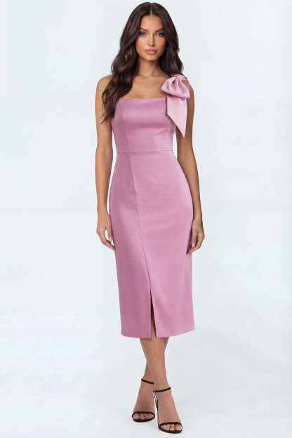 Leely Women Sheath Candy Pink Thick Straps Long Engagement Dress with Bow Backless Sleeveless Satin Bridal Shower Dress with Slit