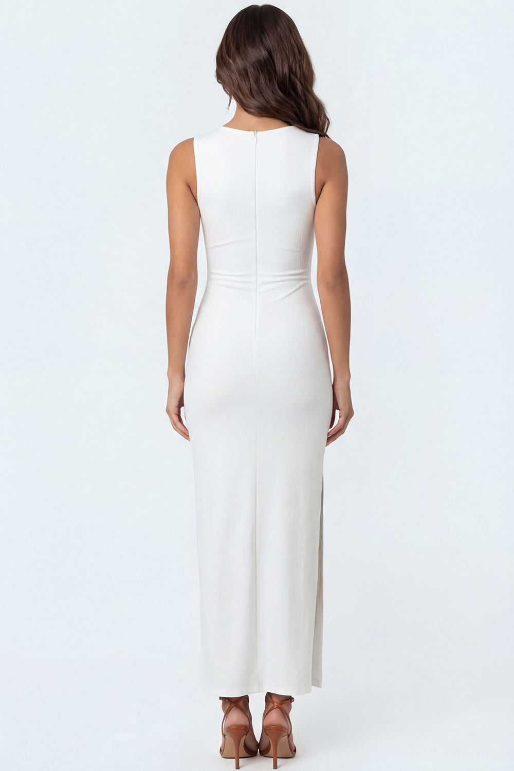 White Mermaid Satin Round Neck Long Formal Dress with Slit