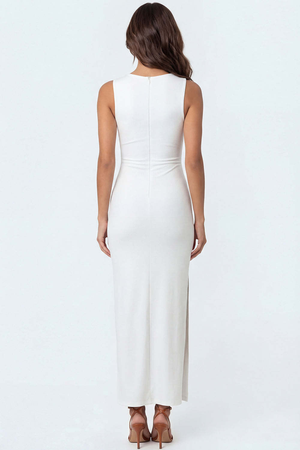 White Mermaid Satin Round Neck Long Formal Dress with Slit