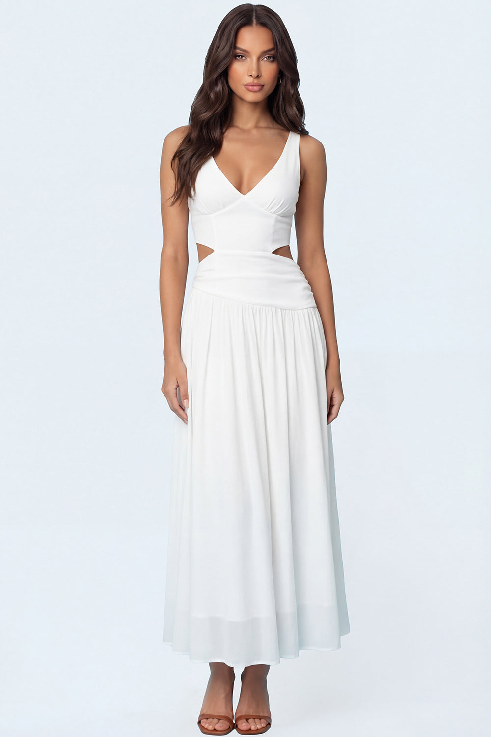 Leely Women White Sheath Chiffon Cut Out Long Engagement Dress V Neck Backless Sleeveless Bridal Shower Dress