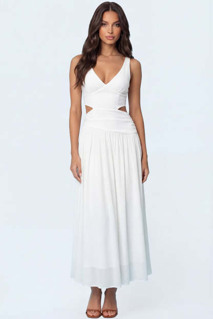 Leely Women White Sheath Chiffon Cut Out Long Engagement Dress V Neck Backless Sleeveless Bridal Shower Dress