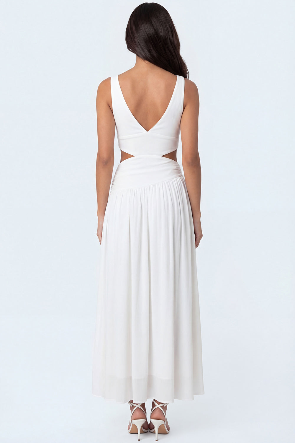 White Sheath V Neck Chiffon Cut Out Long Engagement Dress