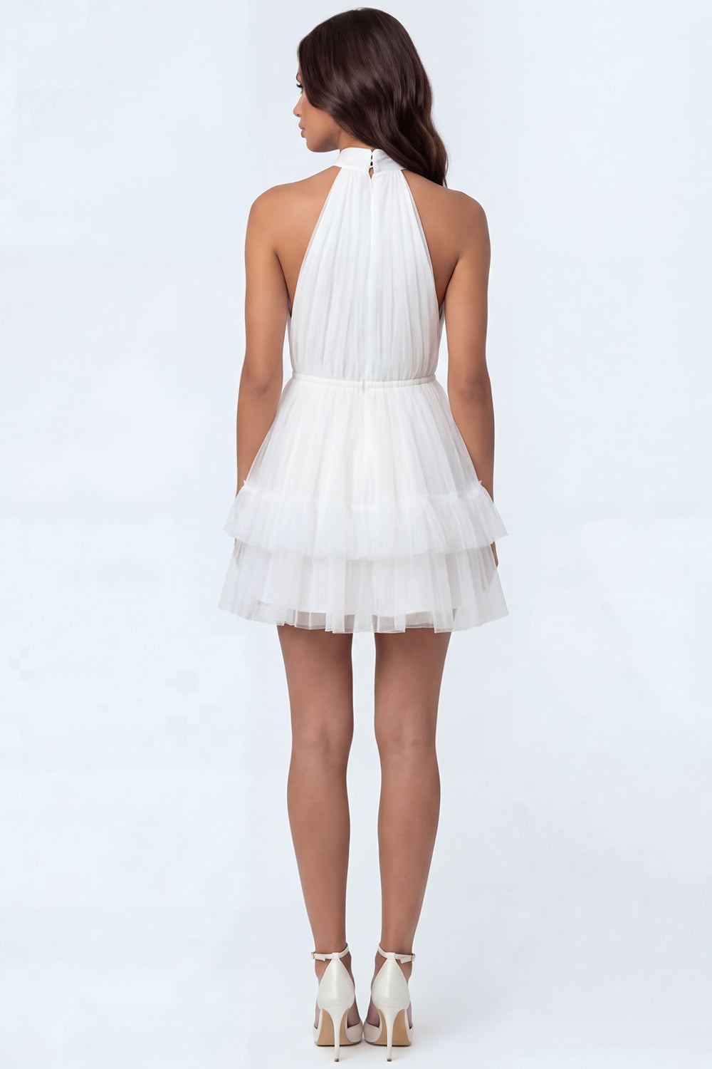A Line White Halter Neck Ruffled Short Engagement Dress