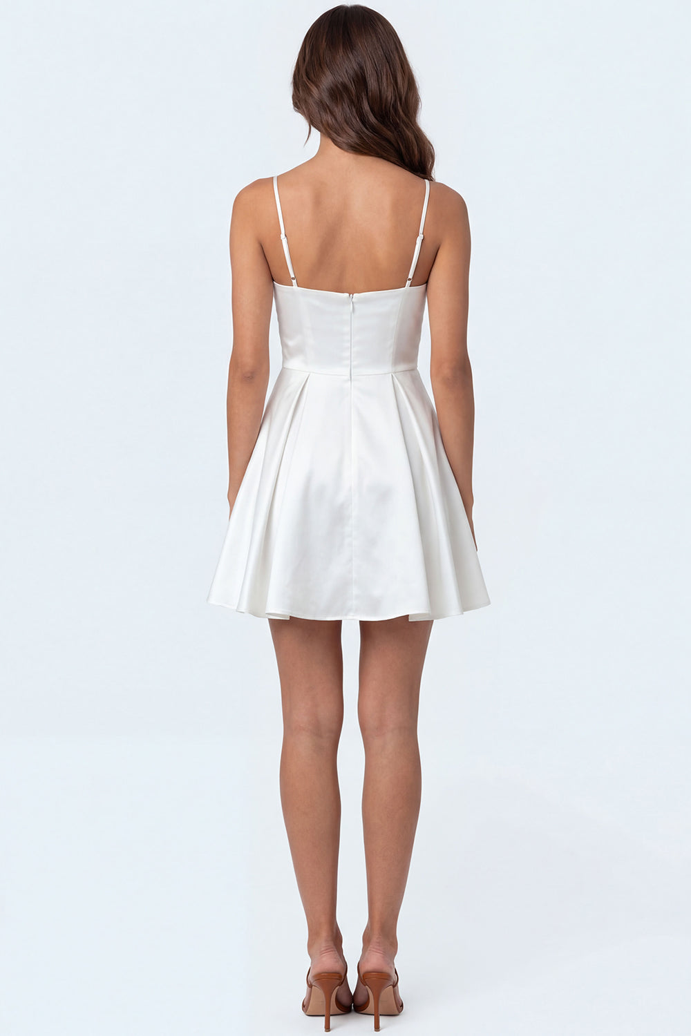 A Line White Spaghetti Straps Satin Short Engagement Dress with Slit