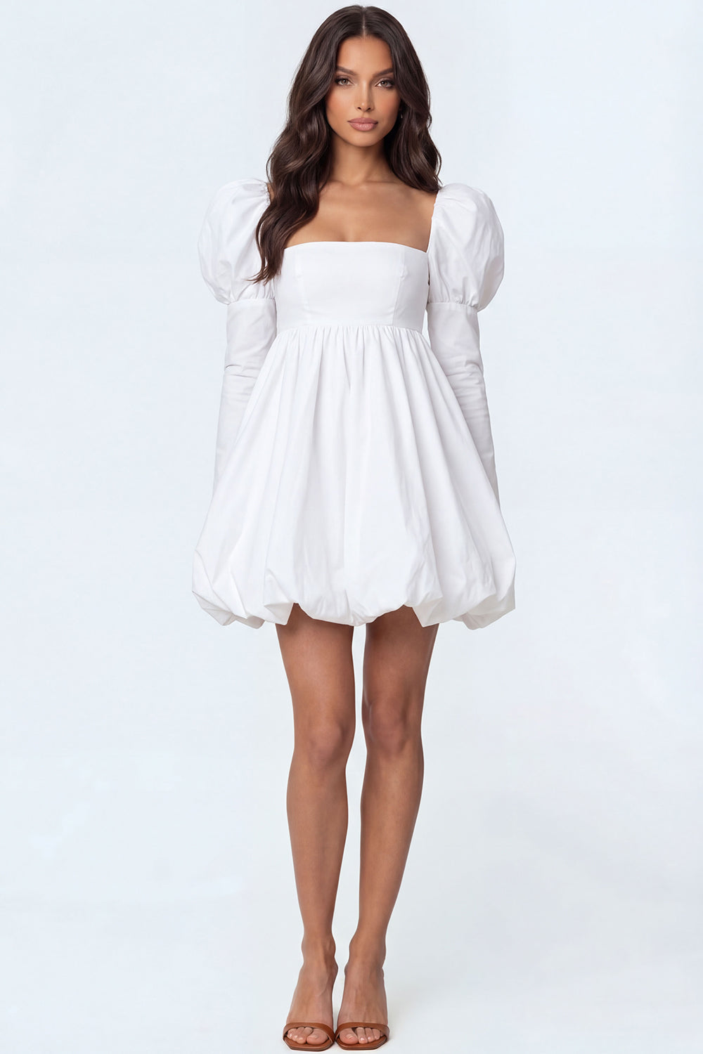 A Line White Square Neck Short Bridal Shower Dress with Long Sleeves