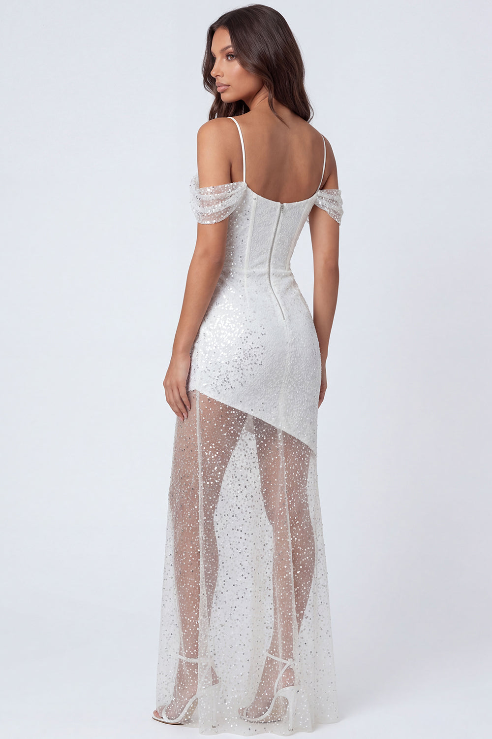Sparkly Sequined White Cold Shoulder Sheath Long Bridal Shower Dress