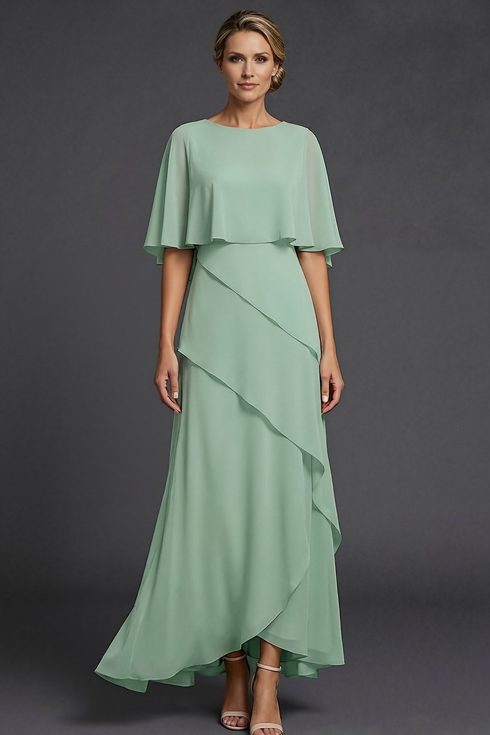 Dusty Sage A Line Round Neck Ruffled Long Formal Dress