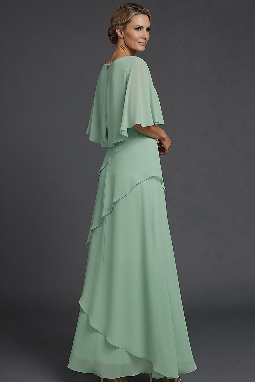 Dusty Sage A Line Round Neck Ruffled Long Formal Dress