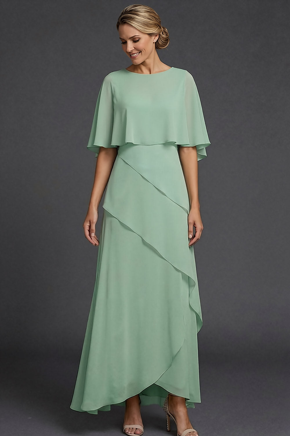 Dusty Sage A Line Round Neck Ruffled Long Formal Dress