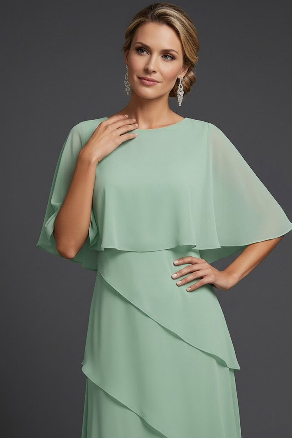 Dusty Sage A Line Round Neck Ruffled Long Formal Dress