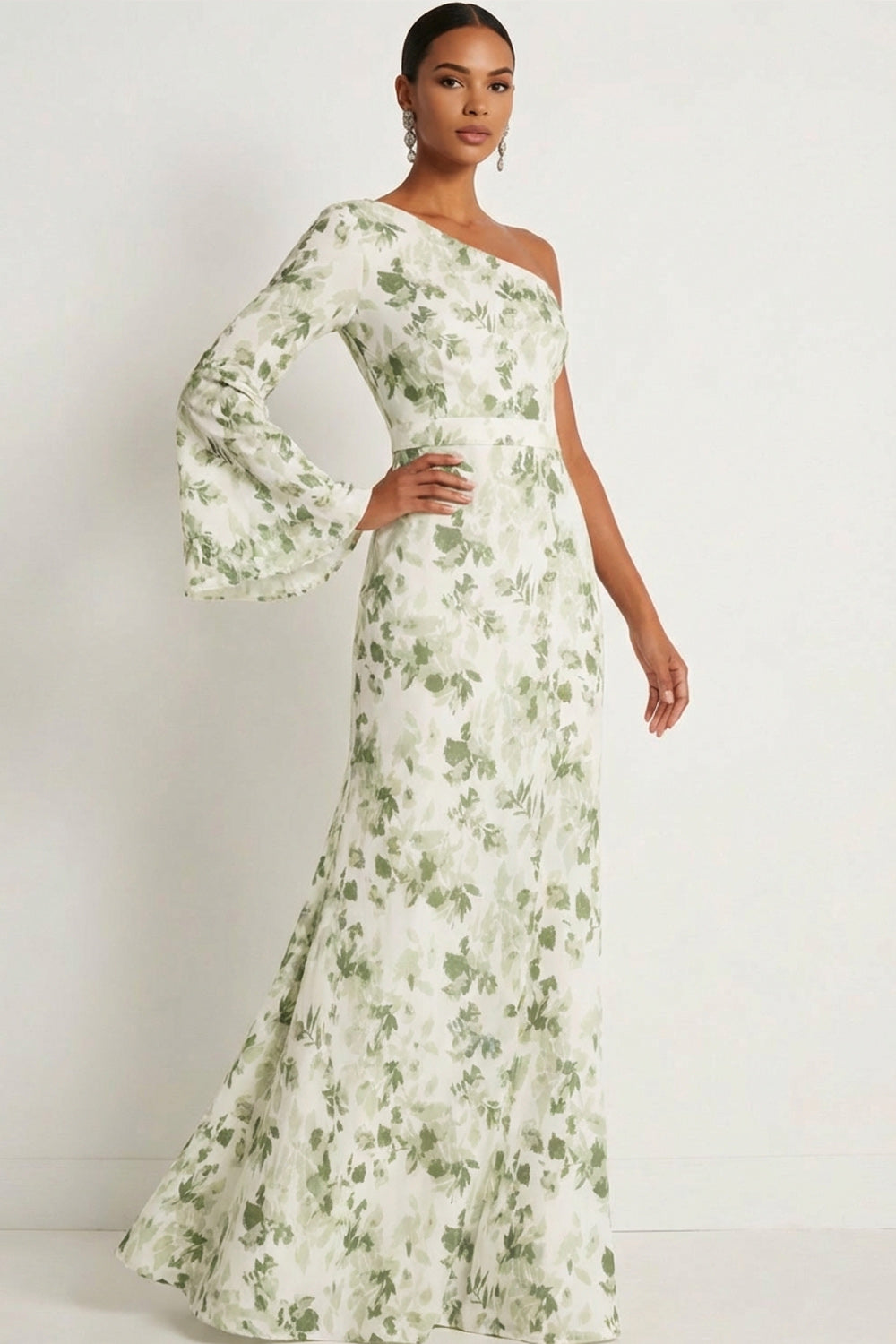 Green Floral Mermaid One Shoulder Maxi Wedding Guest Dress