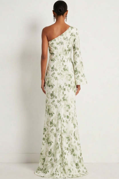 Green Floral Mermaid One Shoulder Maxi Wedding Guest Dress